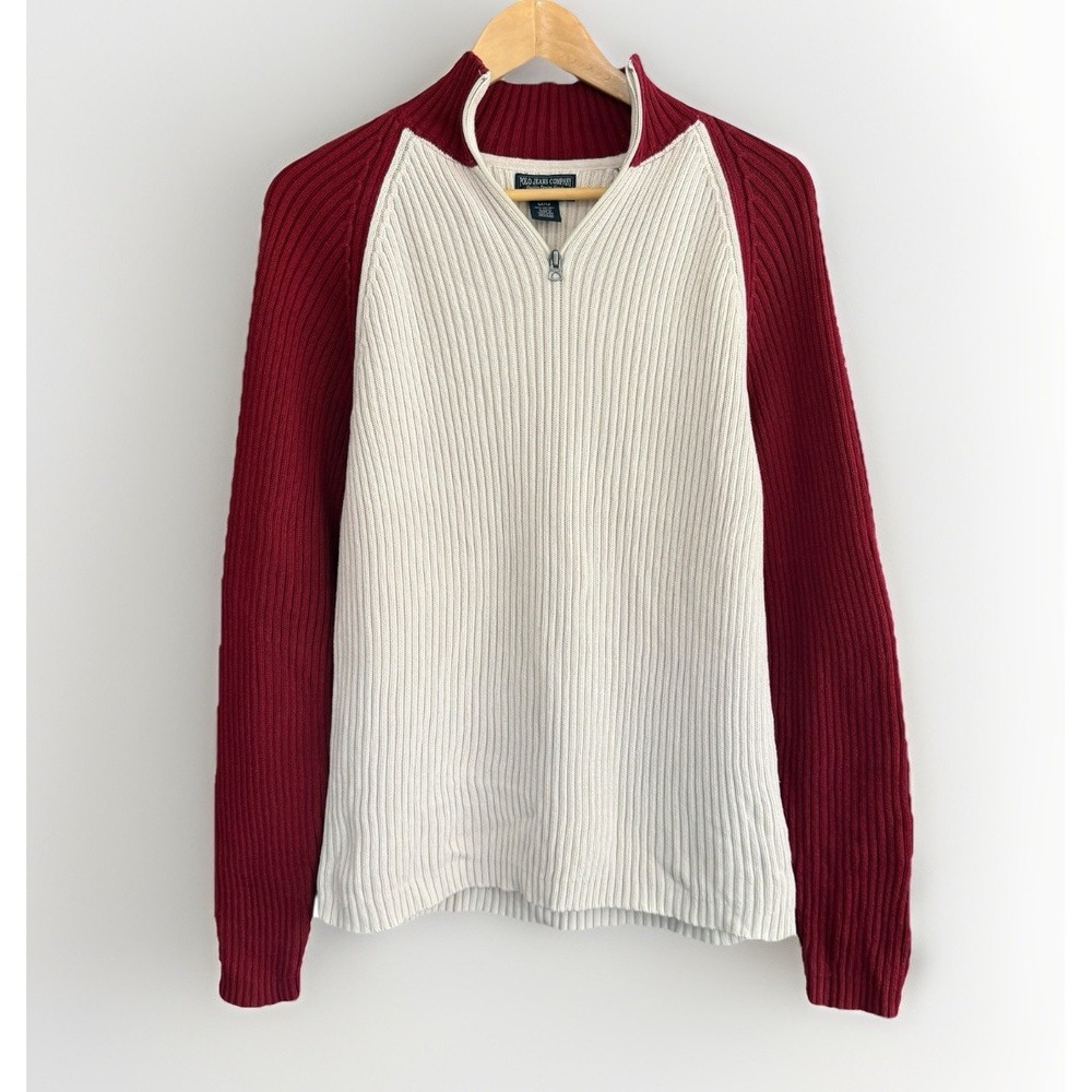 VTG Polo Jeans Ralph Lauren Quarter Zip Sweater Burgundy Cream Flag 90s Men's M